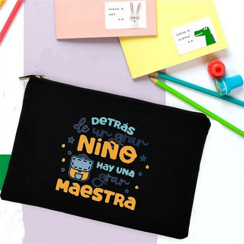 School Stationery Supplies Storage Bags  Rainbow Teacher Spanish Printed Teacher Pencil Cases Travel Wash Pouch Gifts Makeup Bag