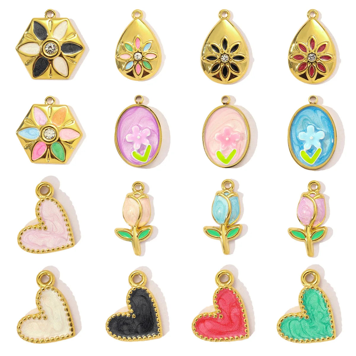 3pcs/Lot Sweet Gradient Enamel Rose Stainless Steel Diy Charm Women Rainbow Flower Waterdrop Necklace Pendant Love Heart Jewelry