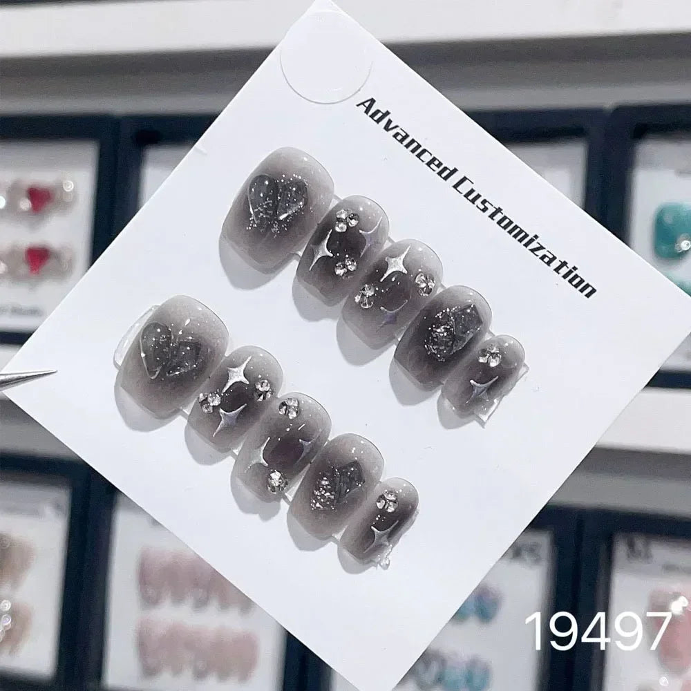 10Pcs Short Press On Nails y2k Star Rhinestone Design Handmade Press On nails Luxury With Design Full Cover Removable Fake Nails