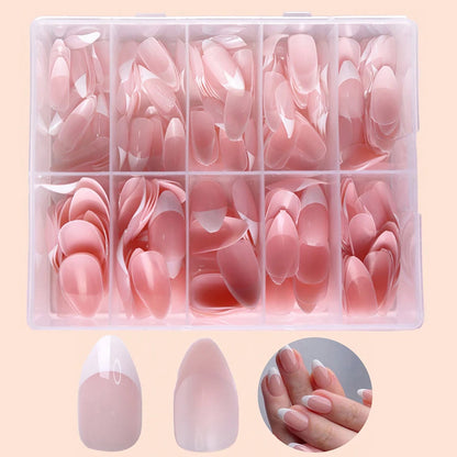 360Pcs/box Glossy Soft Gel Pink French Nail Tips Medium Almond White Simple Press On Nails 10Grids Huge Capacity False Nails*&