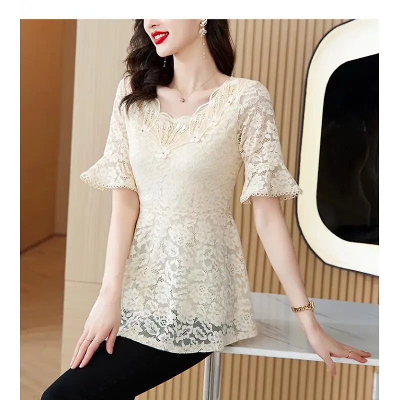 Office Shirts Basic Wear New Design 2025 Women Elegant Fashion Work Lady Bling Beaded Flare Sleeve Lace Tops Blouses