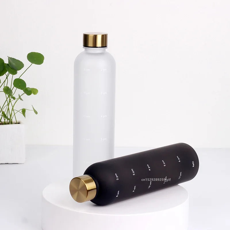1L Water Bottle With Time Marker 32 OZ Motivational Reusable Fitness Sports Bottles Outdoors Travel Leakproof Frosted Plastic