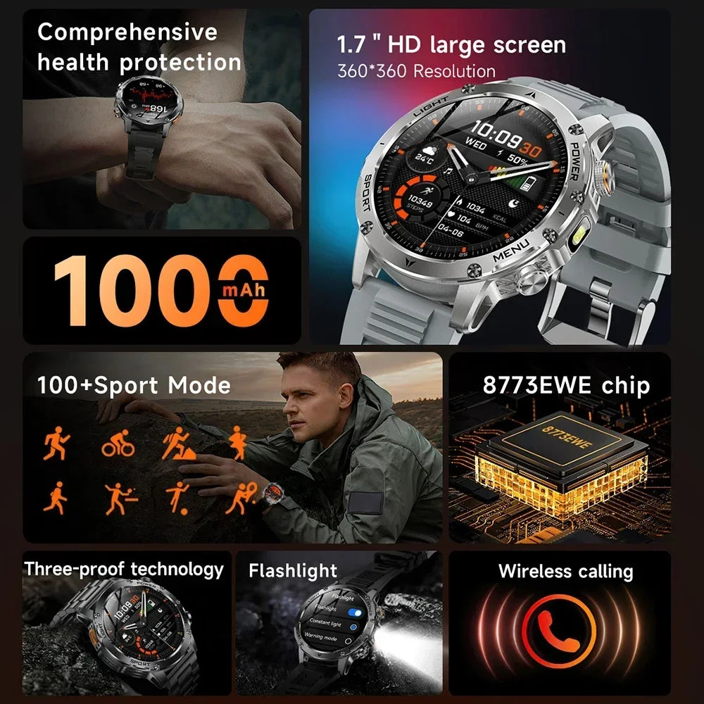 New For HUAWEI 1000mAh Large Capacity Battery Smart Watch Men Outdoor Flashlight BT Call Waterproof Sport Fitness SmartWatches