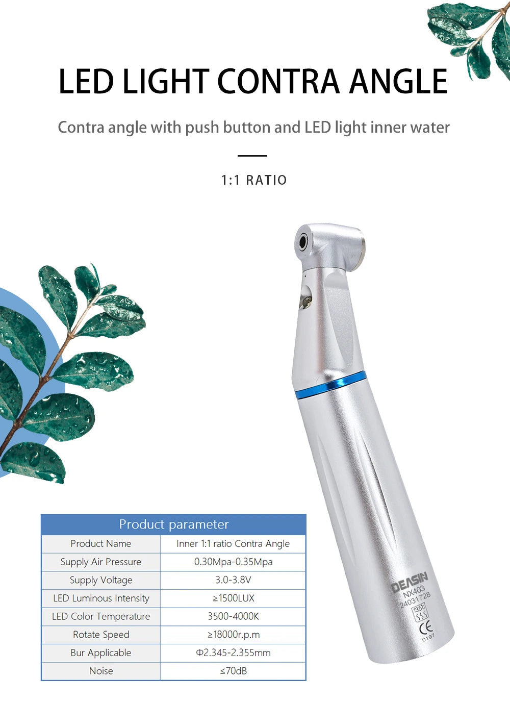 Dental LED Light inner 1:1 Ratio Contra Angle E-generatorLow Speed Handpiece Inner Water Spray E-Typle coupler