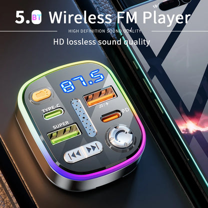 Bluetooth 5.0 FM Transmitter Car Charger Dual PD Type-C Dual USB Ambient Player MP3 Charger Type-C Wireless Light Handsfree