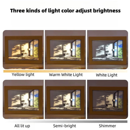 Beautiful LED Light Painting Indoor Sunlight Window Wooden Photo Light Dimming Wall Artwork Table Lamp Home Decor Night Lamp