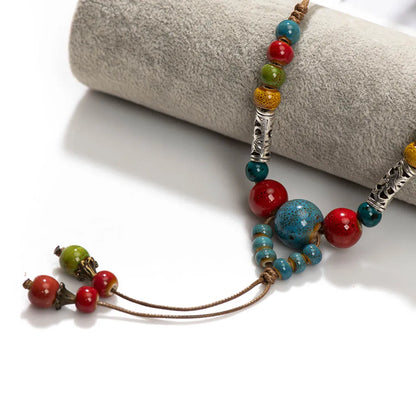 Ceramic Harmony Necklace – Artisan Bohemian Ethnic Turquoise Inlay Multicolor Adjustable Leather Cord Handcrafted X865