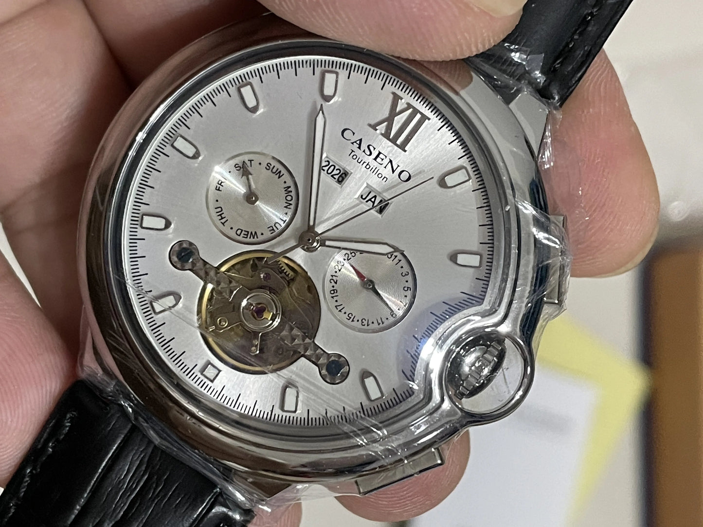 CASENO Fashion Trend Men's Blue Light Glass Night Light Scale Multi functional Fully Automatic Tourbillon Mechanical Watch 831BG