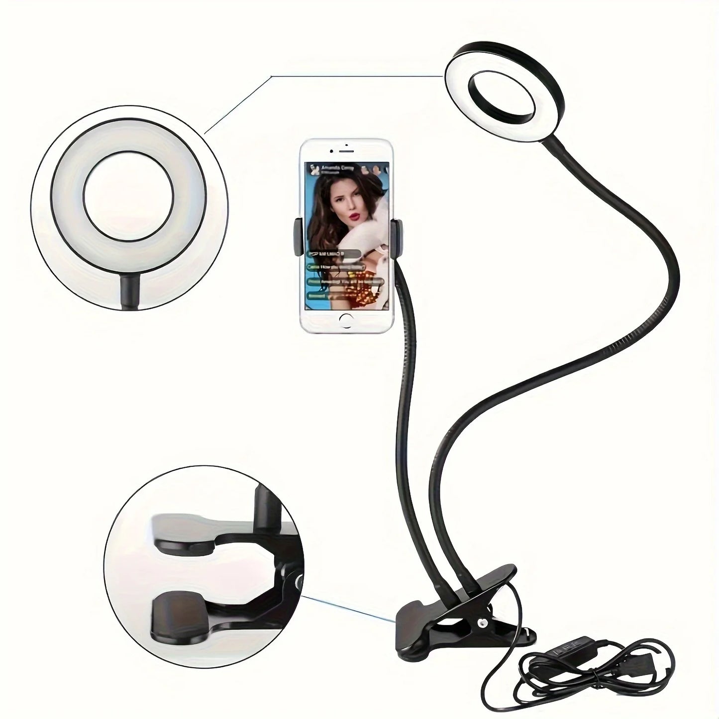 Selfie Ring Light with Phone Holder Clip-On Selfie Light Adjustable Flexible Gooseneck 2-in-1 Desk Ring Lamp for Live Streaming
