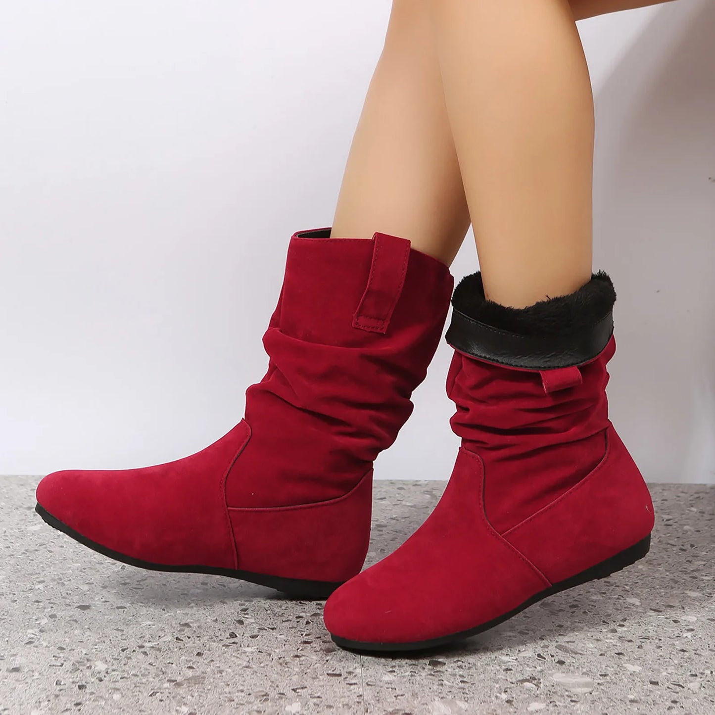 Womens Heel Boots Mid Calf Ladies Fashion Solid Colour Simple Round Toe Suede Flat Bottom Sleeve Cowboy Boots Women with Crosses