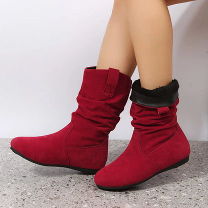 Womens Heel Boots Mid Calf Ladies Fashion Solid Colour Simple Round Toe Suede Flat Bottom Sleeve Cowboy Boots Women with Crosses