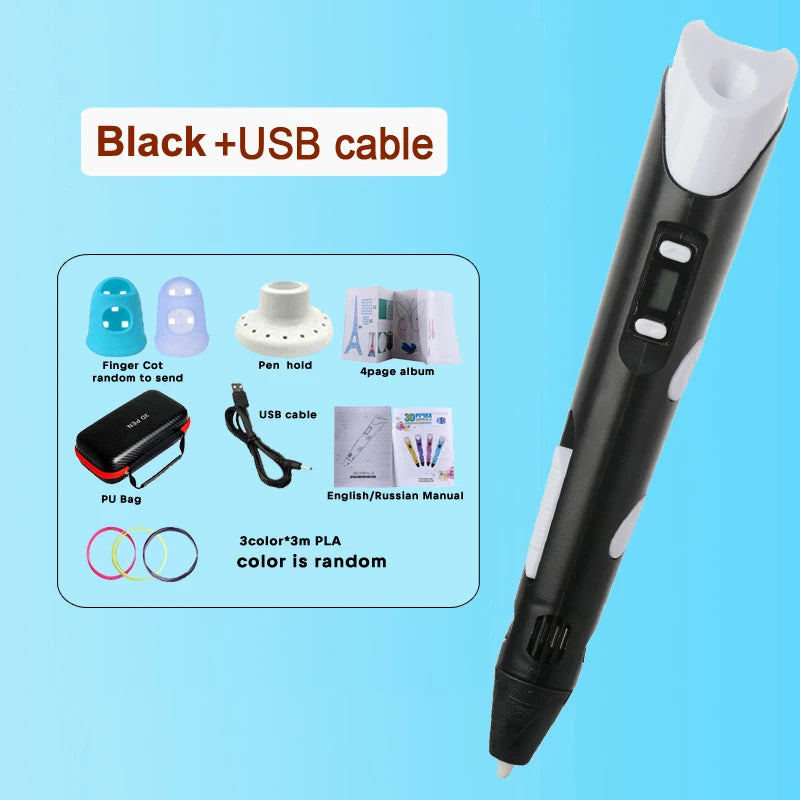 3D Printing Pen 9/50/100/200M PLA Filament LED Display With PU Case DIY Drawing Pens Stimulate Creativity Kids Toys 3D Pen