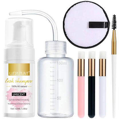 Lash Extension Shampoo 100ml Women Foam Mousse Eyelash Rinse Bottle Lashes Shampoo and Makeup Remover Pads with Brush 7pcs/Set