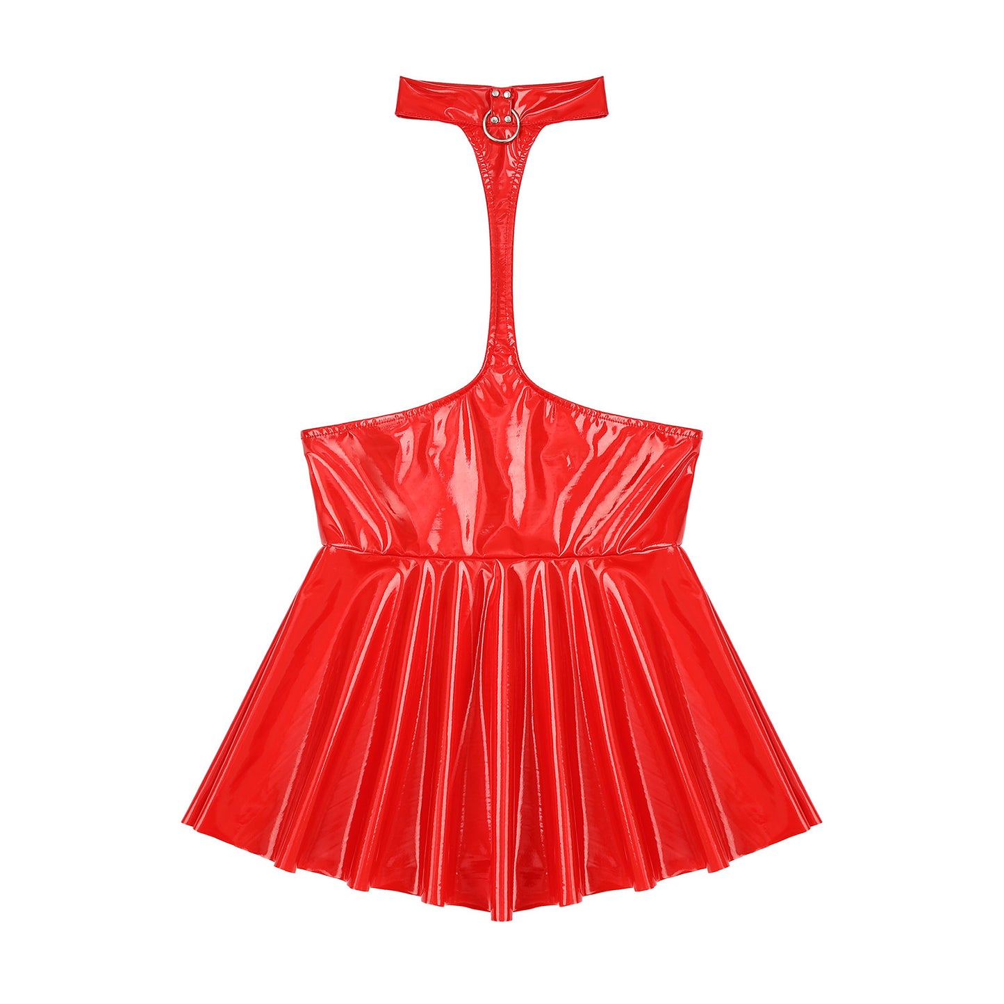 Womens Patent Leather Halter Latex Dress Wet Look Bare Breast Exposing Patent Leather Open Chest Halter Ruffled Latex Dresses