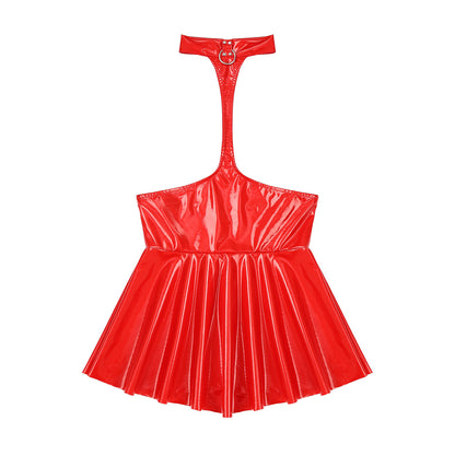 Womens Patent Leather Halter Latex Dress Wet Look Bare Breast Exposing Patent Leather Open Chest Halter Ruffled Latex Dresses