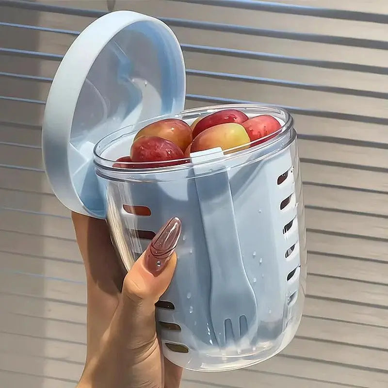 Salad Cup With Fork Cylindrical Plastic Fruit Cup Multifunctional Drainage Function Salad Container, Portable Lunch Box