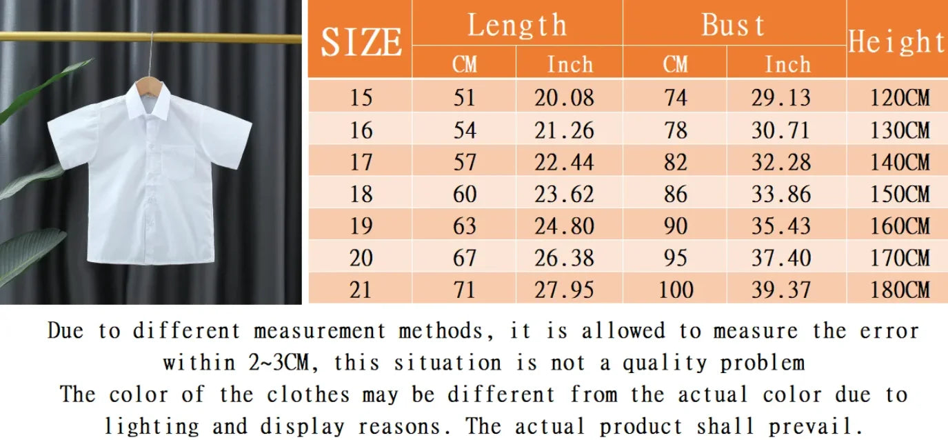 Summer New Baby Boy Shirt Simple Style White Short Sleeved Children'S Clothing Suitable For Heights Of 120-180cm