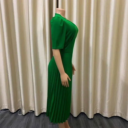 Elegant Office Dresses Pleated Woman 2025 New O Neck Short Sleeve Mid Calf Formal Business Work Wear Dress Midi Vestidos Mujer