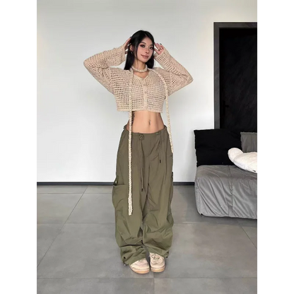 American Vintage Loose Cargo Pants Women Casual Street Personality Women's Cargo Pants Drawstring Design New Spring Trousers
