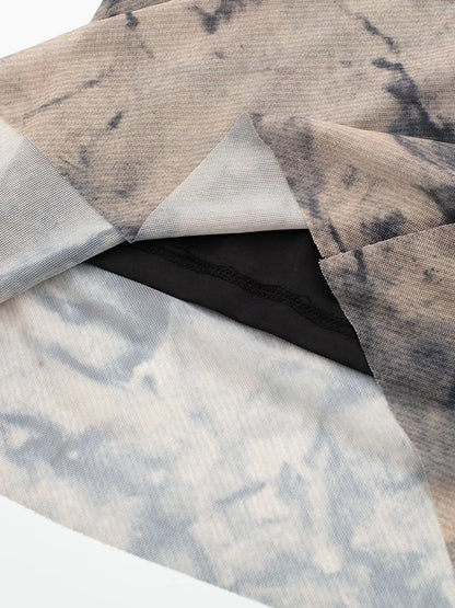 Tangada 2024 Women Print Pleated Mesh Dress Long Sleeve Sexy Famle Stand Collar Maxi Dresses 3H406