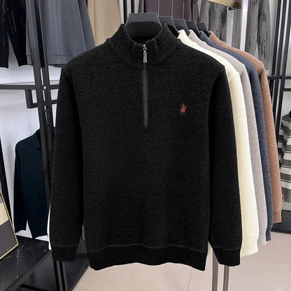 Winter Men's Ferret Fleece Embroidered Zipper Stand Up Collar Head Knitwear Plush Thick Soft Sweater  Mens Clothes  Pull Coreen