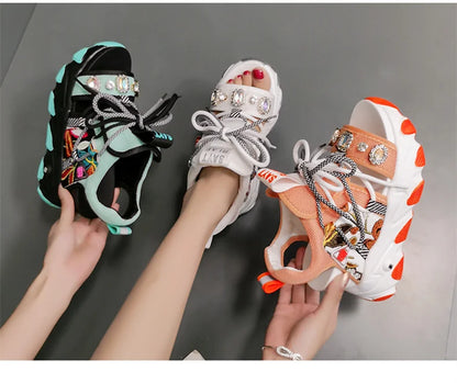 Comemore Leisure Lady Platform Chunky Sandals Mixed Color Shoes Sports Wedge White Sandals Women High Heel Beach Casual Shoes 39