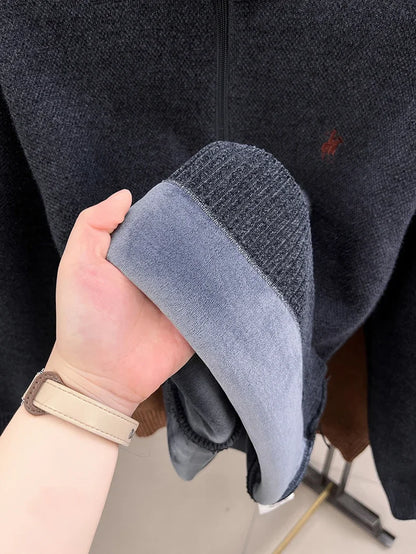 Winter Men's Ferret Fleece Embroidered Zipper Stand Up Collar Head Knitwear Plush Thick Soft Sweater  Mens Clothes  Pull Coreen