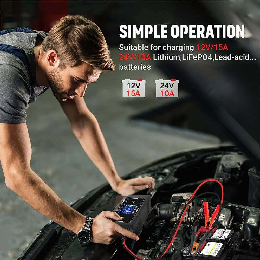 Intelligent Restoration Car Battery Charger 12V/15A 24V/10A Smart Charger for Automobile and Motorcycle Lead-Acid Battery
