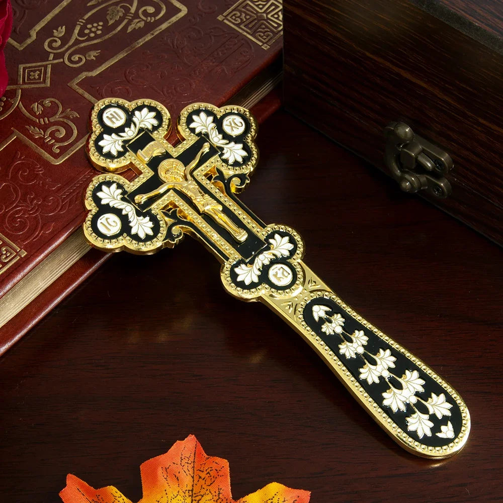 Orthodox Church Handle Blessing Church Cross Gold Plated Colorful Enamel Jesus Crucifix icon Cross With INRI For Prayer