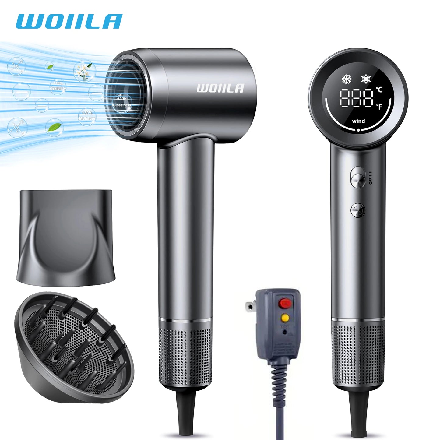 Hair Dryer - Negative Ionic Blow Dryer with 150000 RPM High Speed Brushless Motor for Fast Drying, Low Noise, HD Display Hair Dr