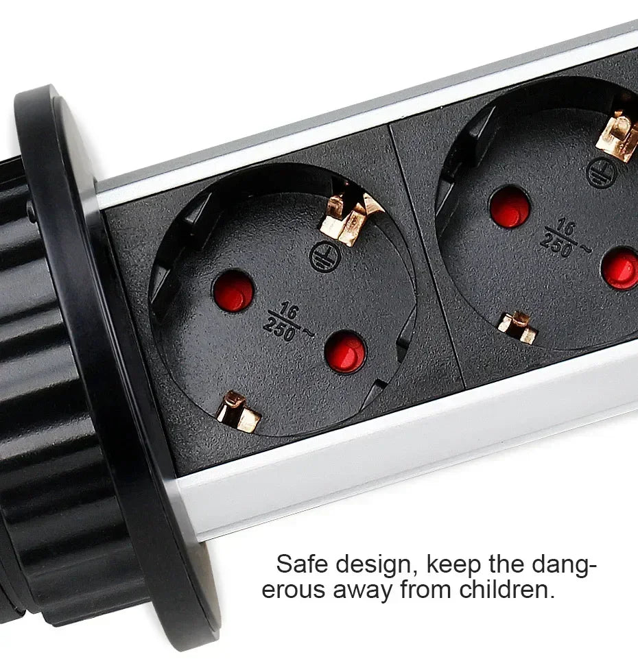 16A PULL POP UP 3 Power EU Socket New Black Color Port Kitchen Table Desktop Sockets Retractable Countertops French Plug