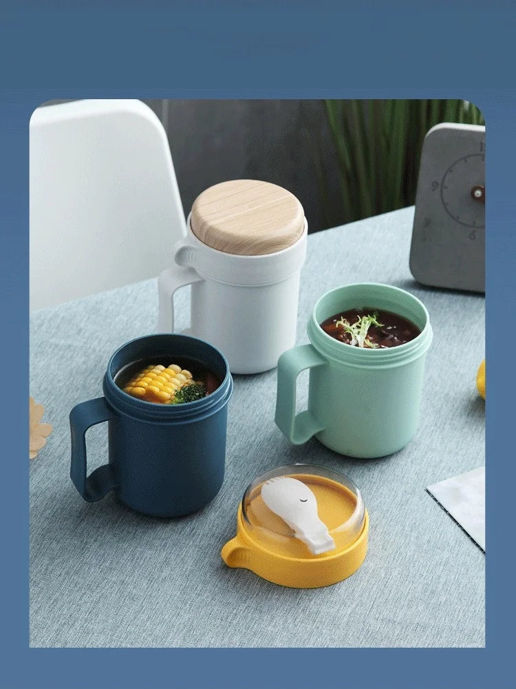 500ML Portable Breakfast Cup Oatmeal Cup Cereal Nut Yogurt Mug Snack Cup Soup Mug Microwave with Lid Spoon for Kitchen Tools