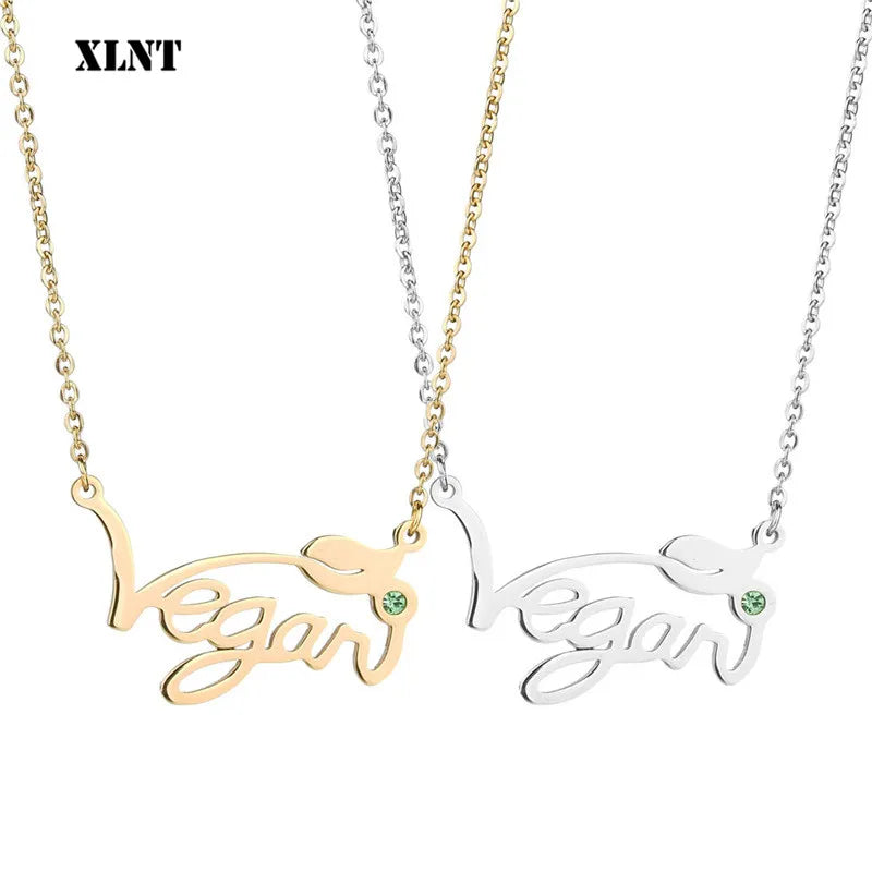XLNT Silver Gold Rose Vegan Necklace Letters Vegan Pendant Vegetarian Choker Vegan Jewelry Gift for Vegetarian People