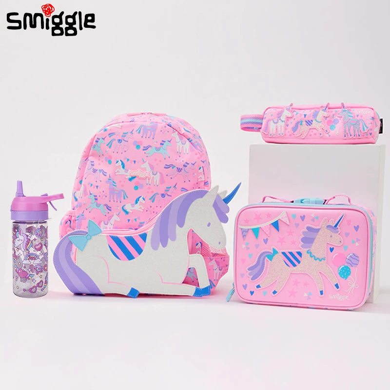 Australian Smiggle Backpack Pink And White Unicorn Student Stationery Backpack Lunch Bag Water Cup Student Gift