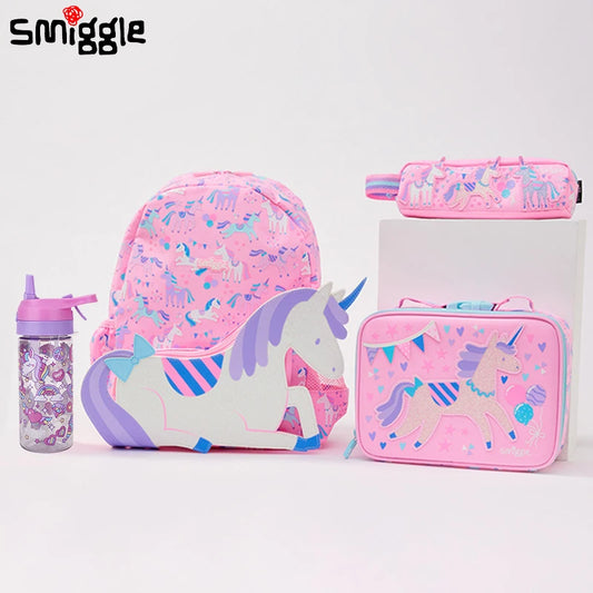 Australian Smiggle Backpack Pink And White Unicorn Student Stationery Backpack Lunch Bag Water Cup Student Gift