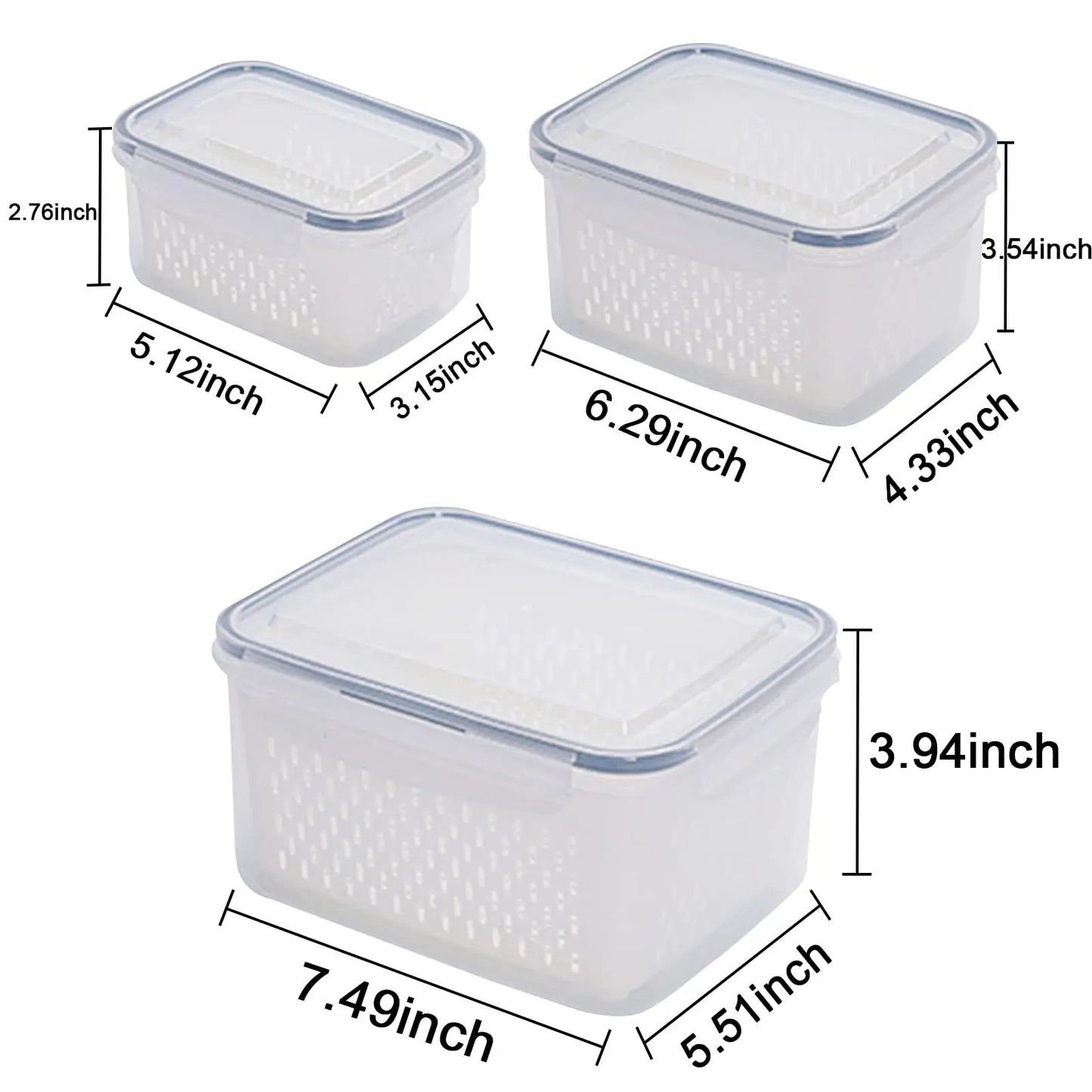 3Pack Fridge Food Storage Container Set with Lids with Strainer Kitchen Storage Boxes Fruit Vegetable  Organizer