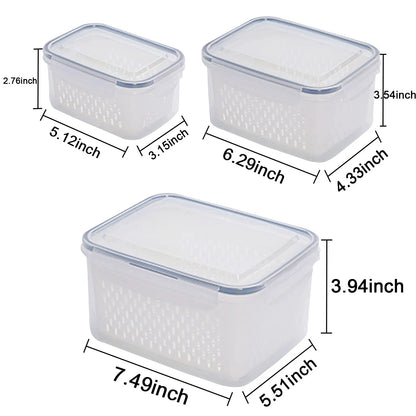3Pack Fridge Food Storage Container Set with Lids with Strainer Kitchen Storage Boxes Fruit Vegetable  Organizer