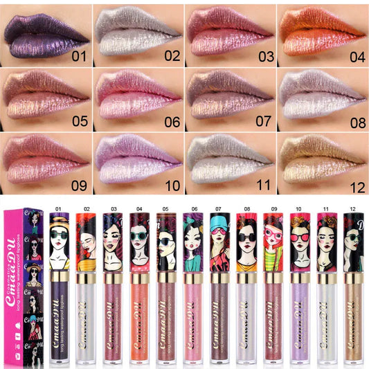 11 Color Lip Gloss  Metallic Shimmer Glitter Finish Lipstick Long Lasting Waterproof Lip Stain