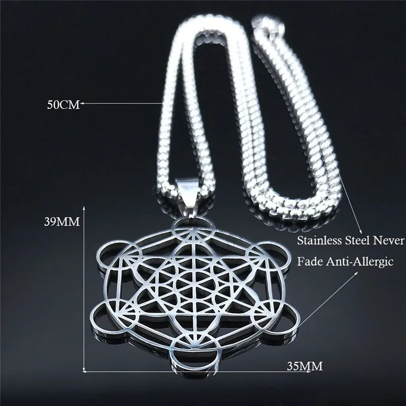 Flower of Life Chakra Spiritual Necklace for Women Stainless Steel Sacred Geometry Metatron Cube Salomon Men collar Jewelry