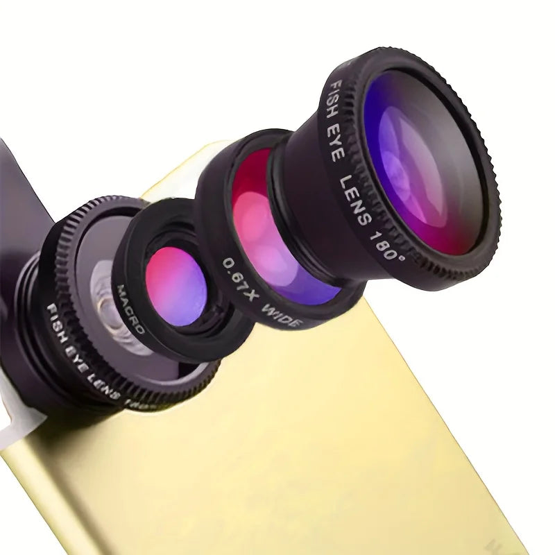 3-In-1 Phone Camera Lens Kit, Compatible With Most Phones, with wide-AngleMacro And Fisheye Lenses.