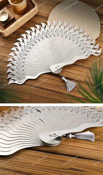 Chinese Fine Metal Antique Fan Hollow Self-Defense Kung Fu Tai Chi Fans Portable Men Stainless Steel Folding Fan Home Decor