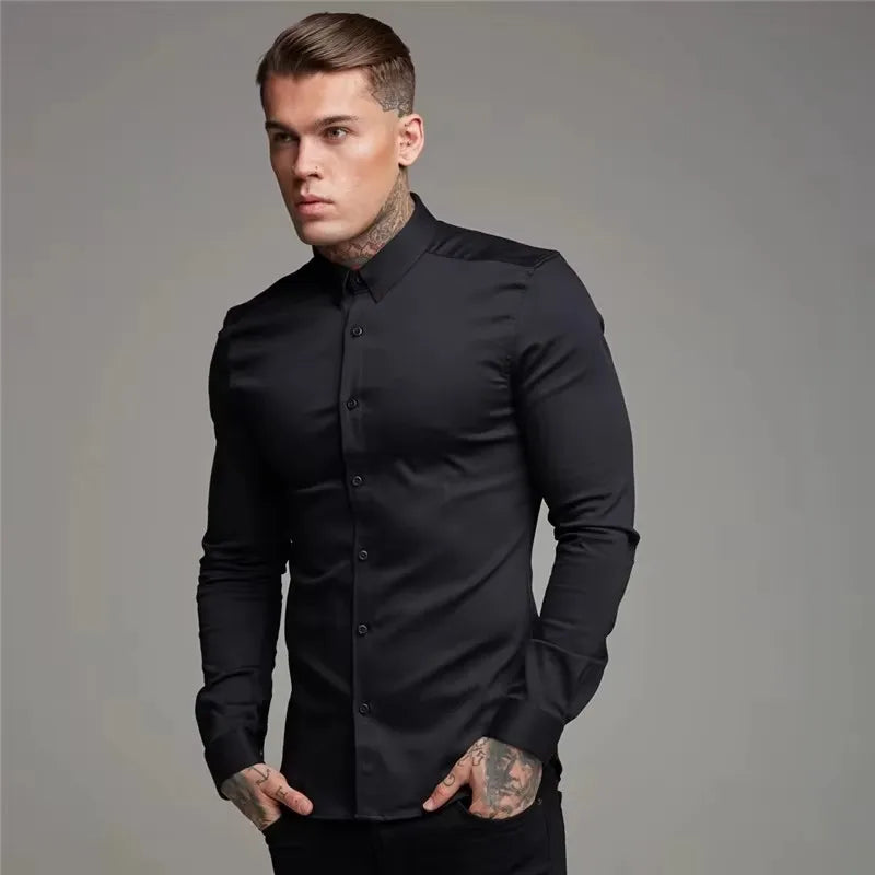 Men's Shirt Fashion Full Sleeve Shirt Men's Muscle Casual Slim-fit Business Dress Solid Color Shirt Men's Gym Fitness Men Shirt