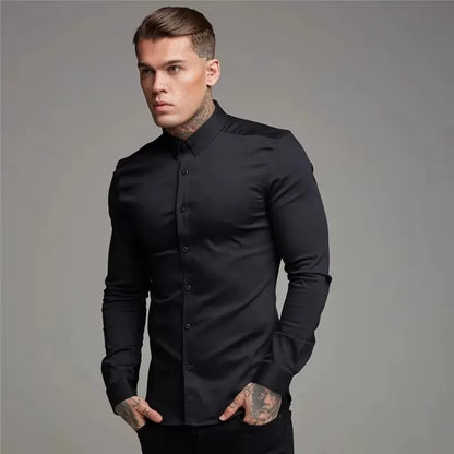 Men's Shirt Fashion Full Sleeve Shirt Men's Muscle Casual Slim-fit Business Dress Solid Color Shirt Men's Gym Fitness Men Shirt