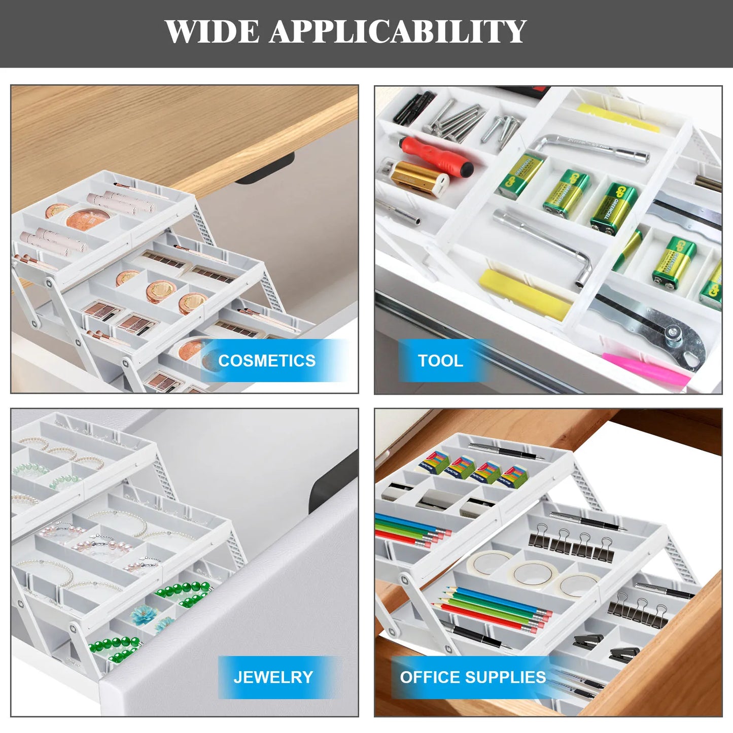 2/3 Tier Drawer Organizer Multi Level Collapsible Expandable Desk Organizer Trays for Office Supplies, Kitchen Gadgets Utensils