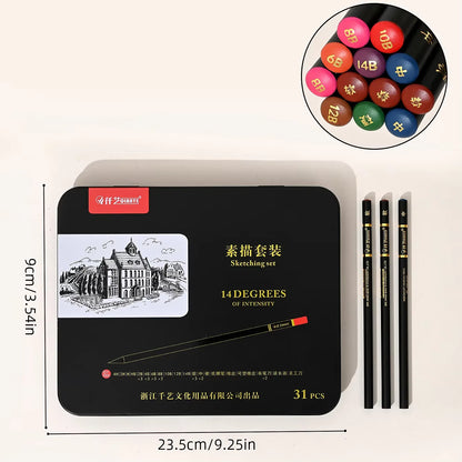 31 Pcs Painting Set Sketch Set,Metal Box Packaging,Professional Art Supplies, Including Graphite Pencils,Charcoal Pencils,Blend