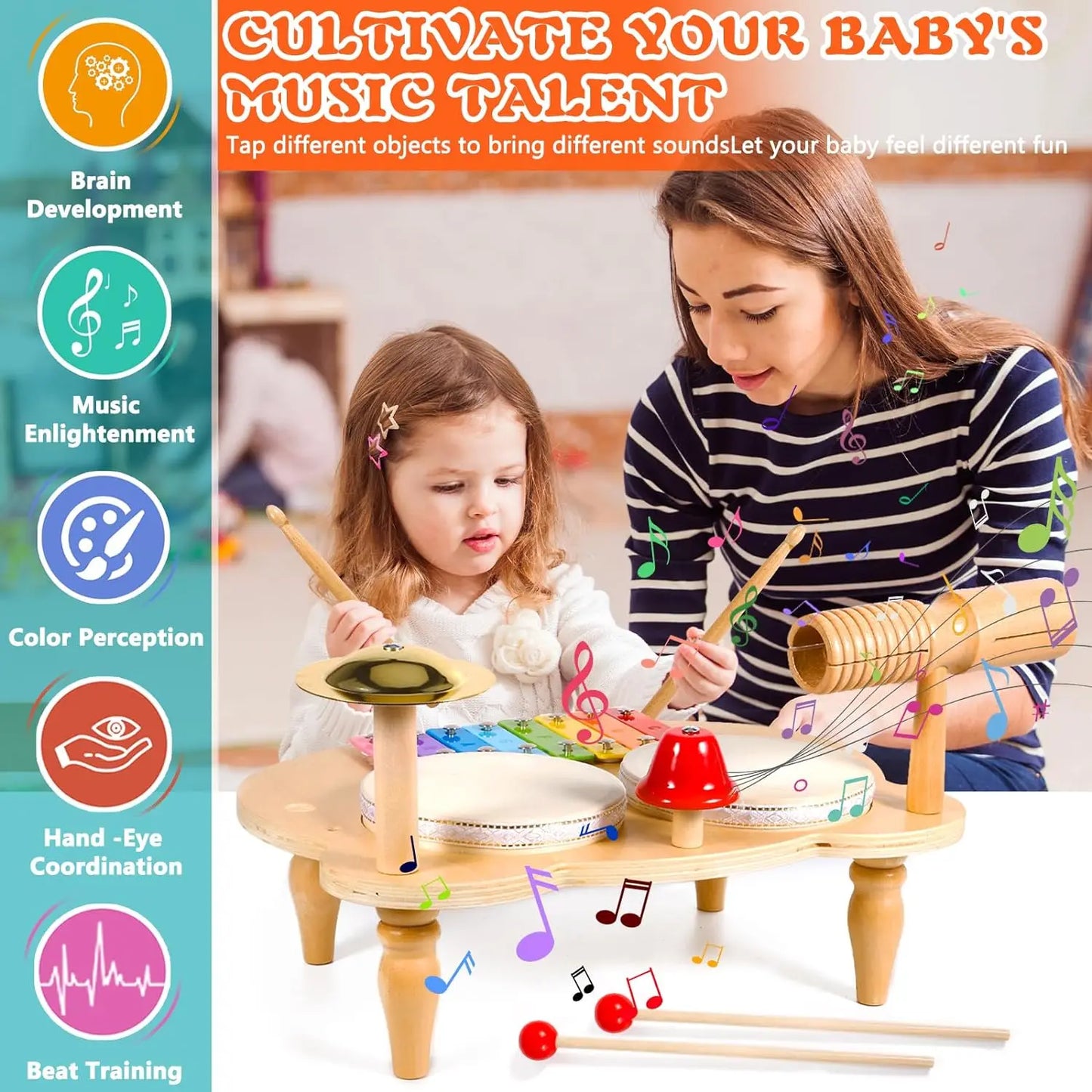 Wooden Music Toys For Babies Children's Multifunctional Music Knocking Table Early Education Kids Drum Set Music Toy Baby Gift
