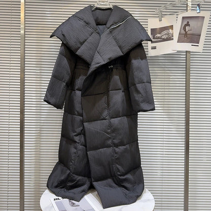 Winter Big Turn Down Collar Long Down Jacket Drawstring Striped Thick Knee Length Overcoat Warm White Duck Down Jacket Women
