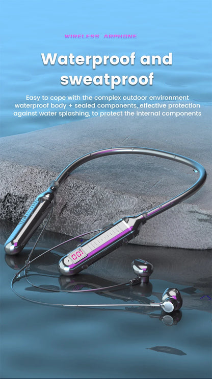 Wireless Earphones 5.3 Neckband Headphones Gaming LED Display Stereo Sports Headset Halter Waterproof Magnetic Earbuds