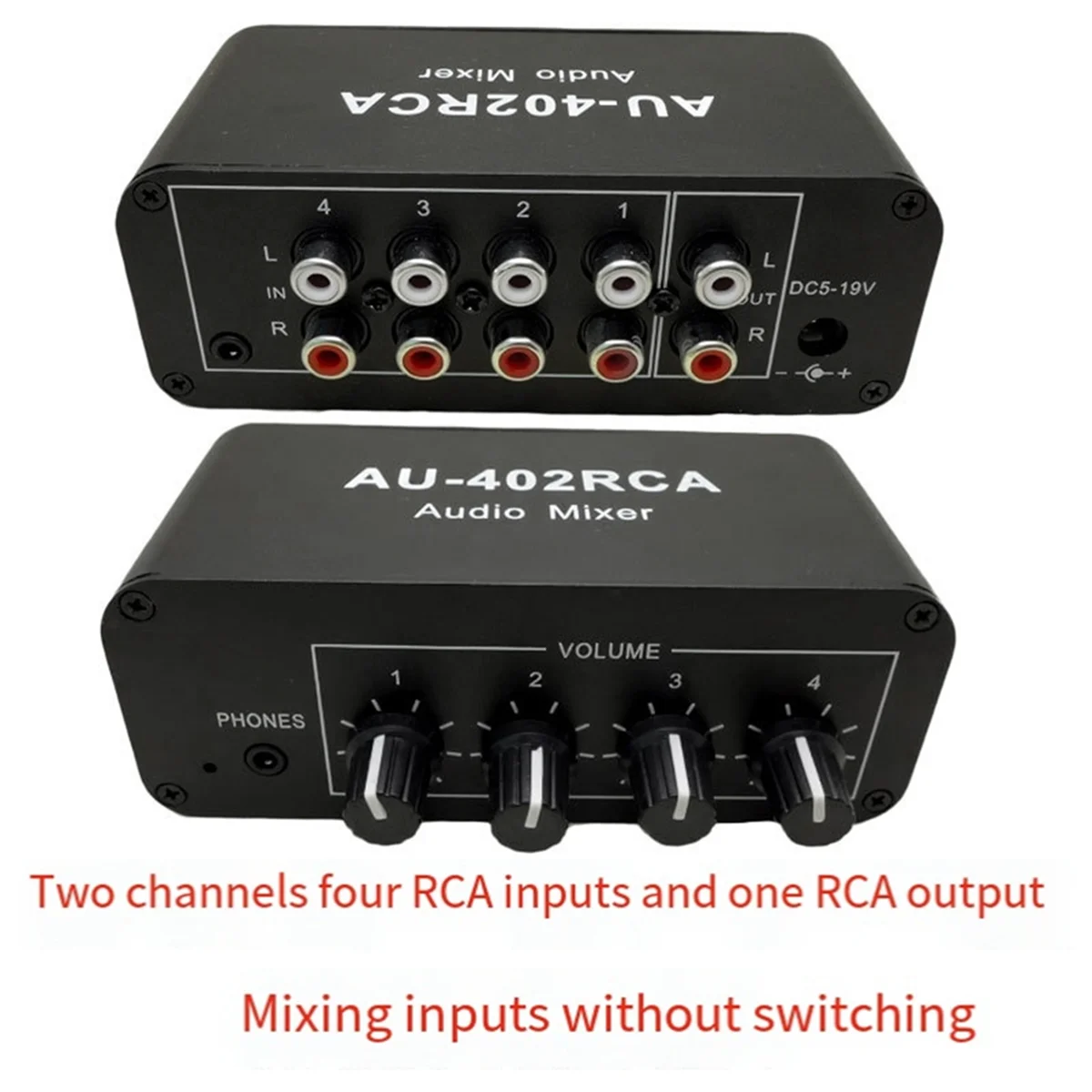 AU-402RCA Stereo Audio Mixer Multi-Channel Audio Source Reverberator Volume Control 3.5mm Headphone Driver 4 Input