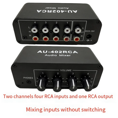 AU-402RCA Stereo Audio Mixer Multi-Channel Audio Source Reverberator Volume Control 3.5mm Headphone Driver 4 Input